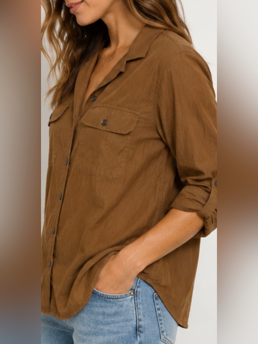 Charter Club 100% Silk Brown Button Shirt Womens L Pockets